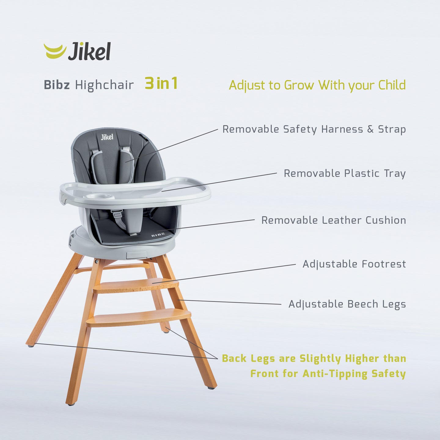 Jikel - Bibz 360 Rotating Wooden Highchair - Charcoal